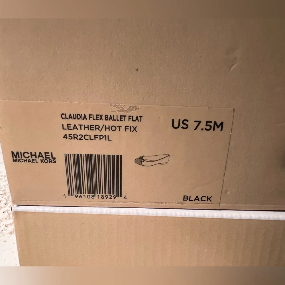 NWT Michael Kors Claudia Flex Black Leather Rhinestone Ballet Flat, Size 7.5